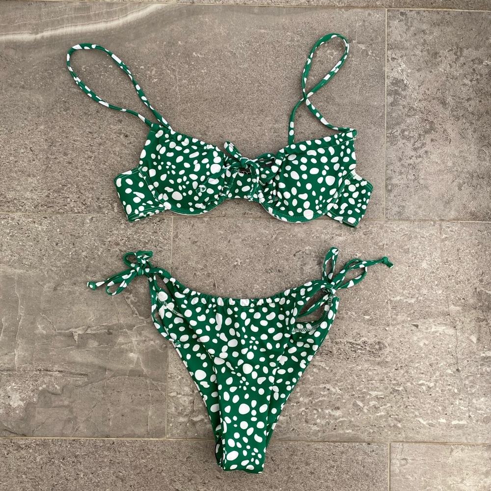 SHEIN Bikini Green Dalmatian Underwire Tie Side